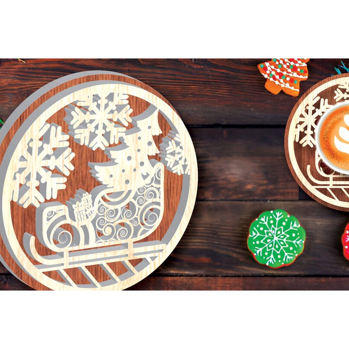 Suporturi bauturi, Intrahome, set suporturi pentru cana Craciun, 15x15 cm, din plywood 3mm-4mm