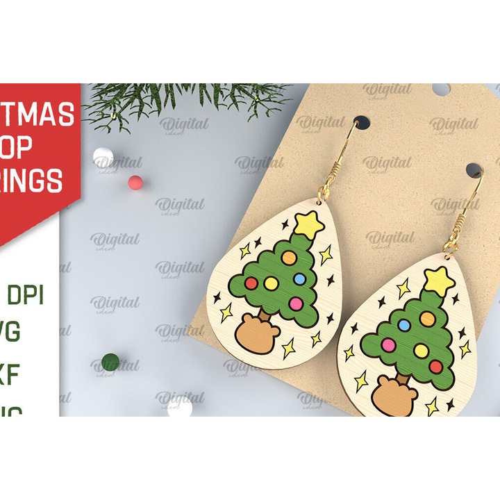 Cercei de Craciun din lemn, Intrahome, taiati cu laser, 3x3 cm, set