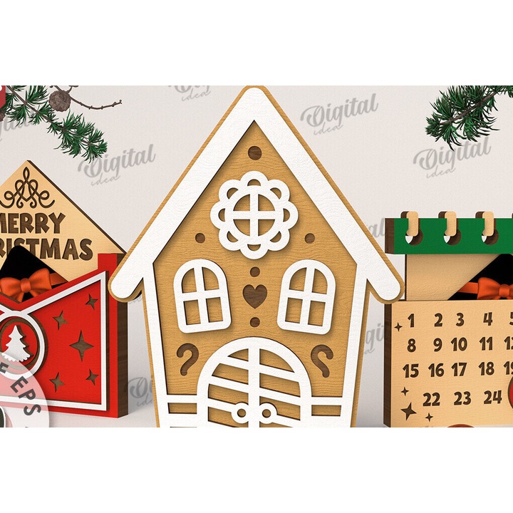 Pachet felicitari de Craciun, Intrahome, 15x15 cm, din plywood 3mm-4mm, pentru decoratiuni si proiecte DIY