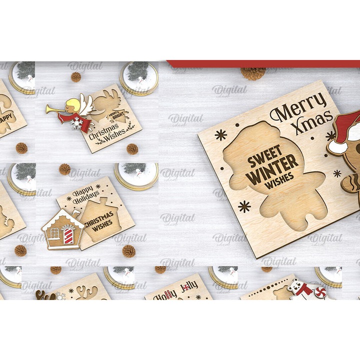 Set de felicitari de Craciun, Intrahome, 15x15 cm, din plywood 3mm-4mm, pentru decoratiuni si proiecte DIY