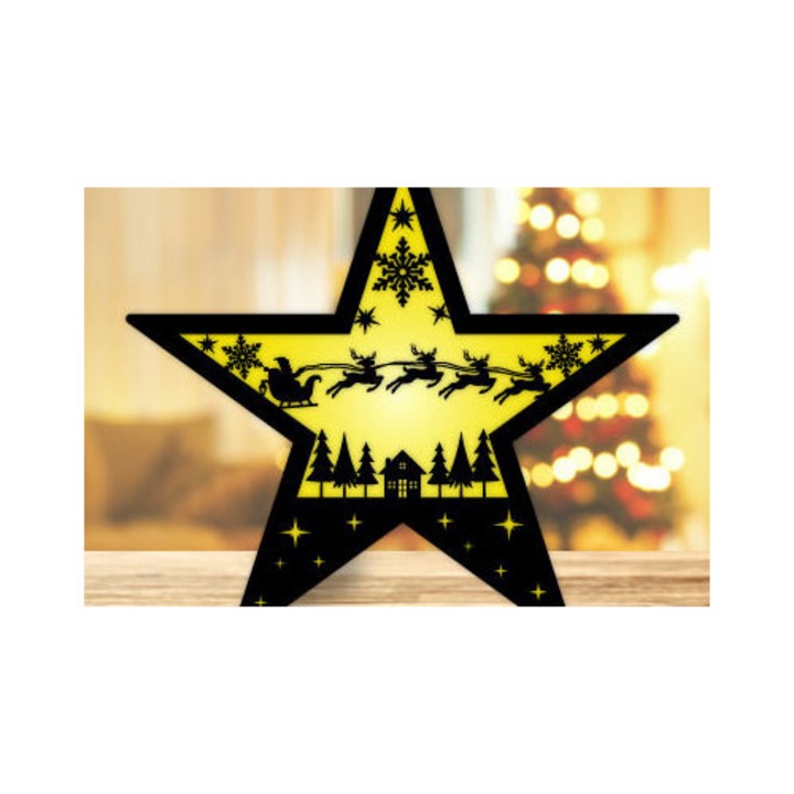 Lampa de noapte Craciun, Intrahome, model Star, 15x15 cm, din plywood, pentru decorare si proiecte DIY