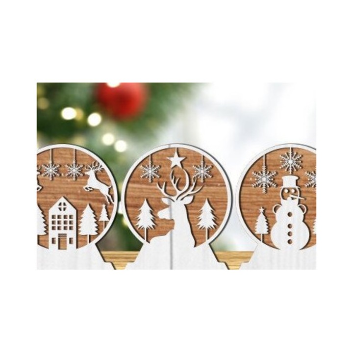 Glob de Craciun din lemn cu laser, Intrahome, 15x15 cm, pentru decoratiuni si proiecte DIY