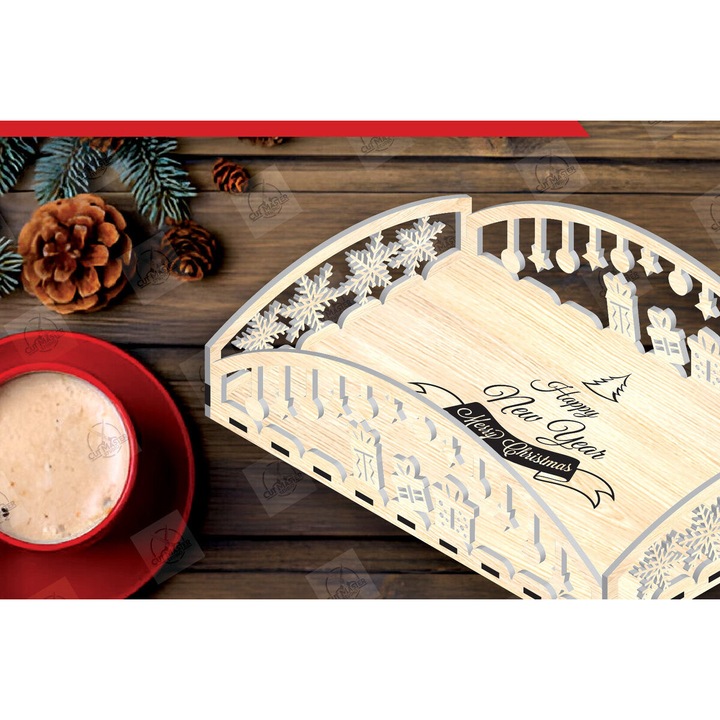 Tava de servire, Intrahome, disc de Craciun, 15x15 cm, din plywood 3mm-4mm, pentru decoratiuni si proiecte DIY