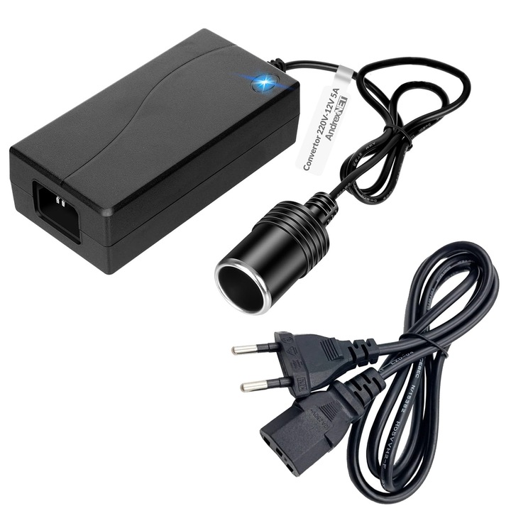 Adaptor pentru bricheta auto AndrexNET 230V la 12V 5A 60W, negru, cablu inclus