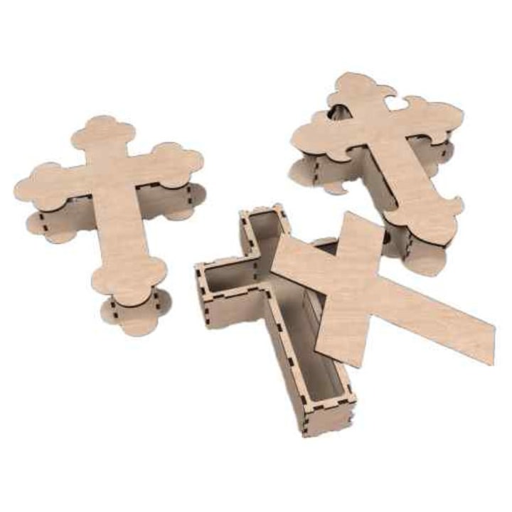 Cutie decorativa din lemn in forma de cruce, Intrahome, 30x81x35 cm, natural