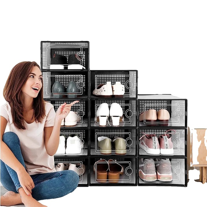Cutii de depozitare pentru incaltaminte, design stivuibil, ventilate, set de 12 bucati, dimensiuni standard