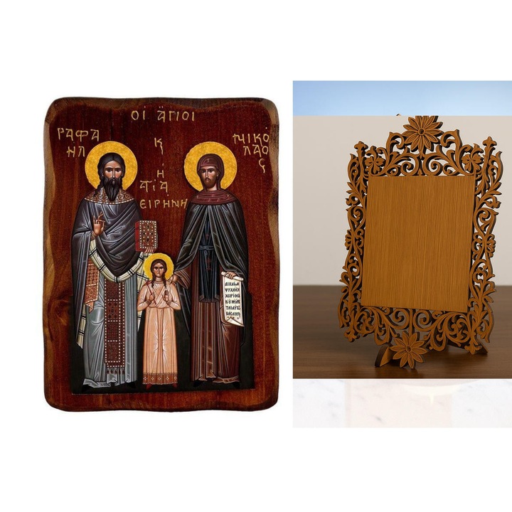 Icoana ortodoxa, Intrahome, Sf. Raphael, Nikolaos si Eirene, 15x11cm, lemn natural, tehnica litografica