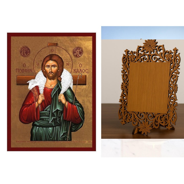 Icoana ortodoxa, Intrahome, Iisus Hristos, Pastorul cel bun, 26x20 cm, 8 culori, cu rama aurie