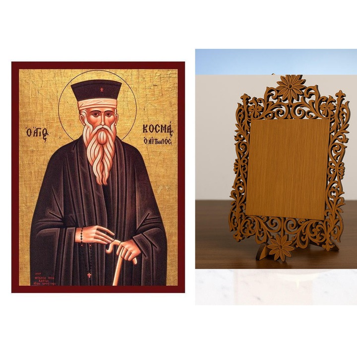 Icoana Agios Kosmas o Aitolos, Intrahome, 50x40 cm, 8 culori, cu rama aurie