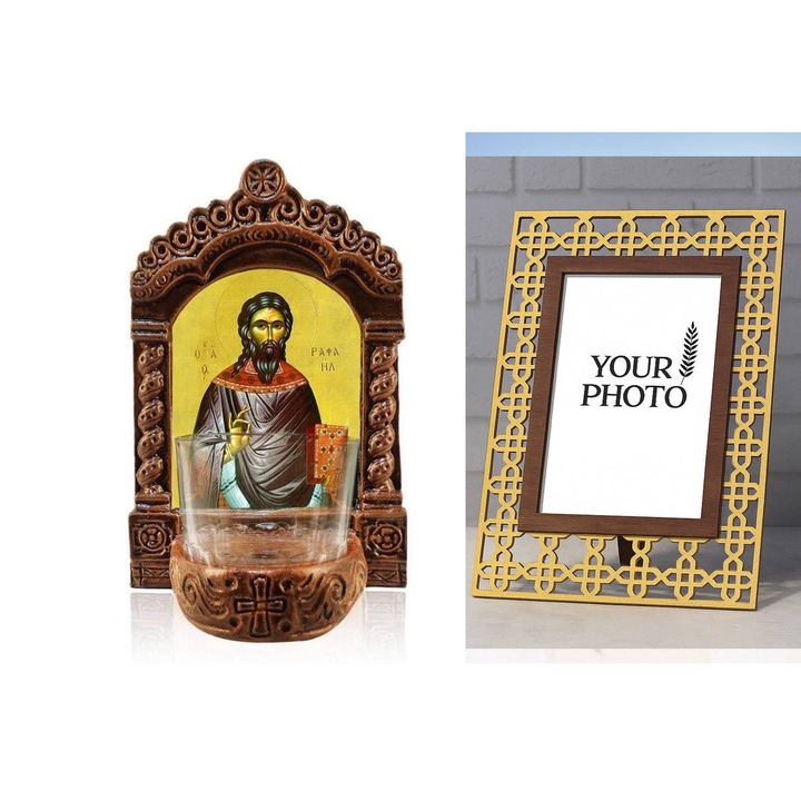 Lampa de veghe ceramica Agios Raphael, 20x13x11 cm, design bisericesc, realizata manual, Made in Greece