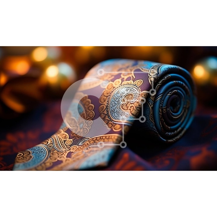 Puzzle din lemn Intrahome, grabata cu design paisley albastru si auriu pe fundal rosu, 10x10 cm, 25 piese, set in cutie de lemn wenge.