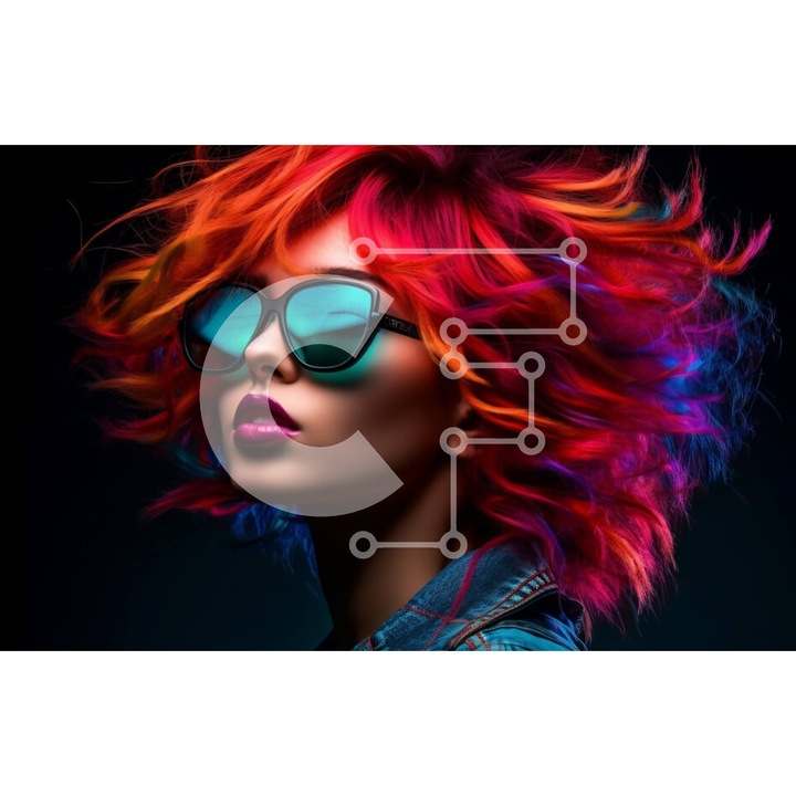 Puzzle din lemn Intrahome, femeie cu parul multicolor si ochelari de soare, 10x10 cm, 25 piese, cutie din lemn wenge.