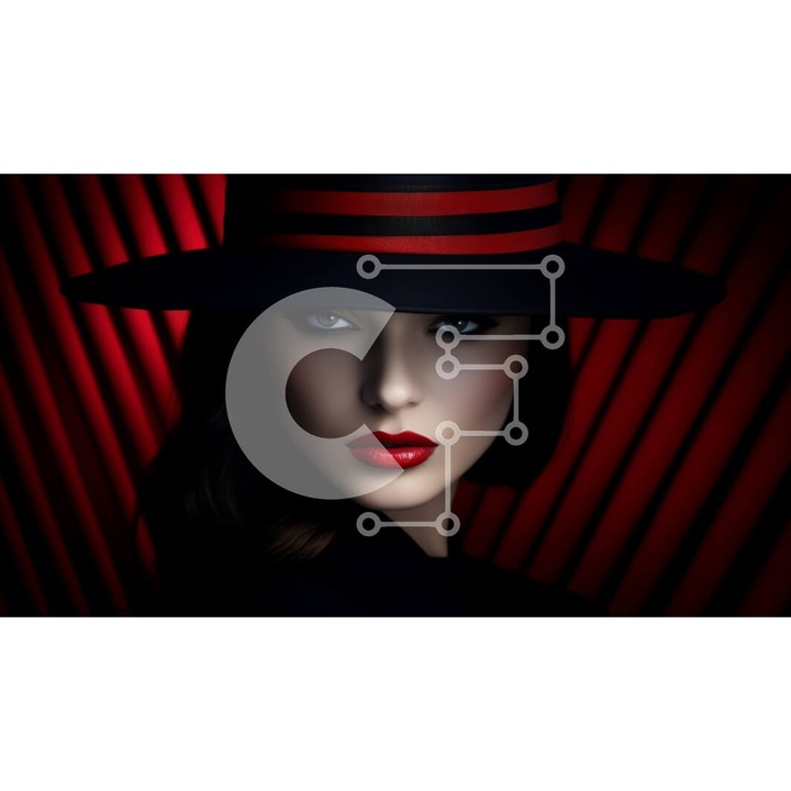 Puzzle din lemn Intrahome, femeie cu palarie neagra si cravata rosie, 10x10 cm, 25 piese, cutie din lemn wenge.