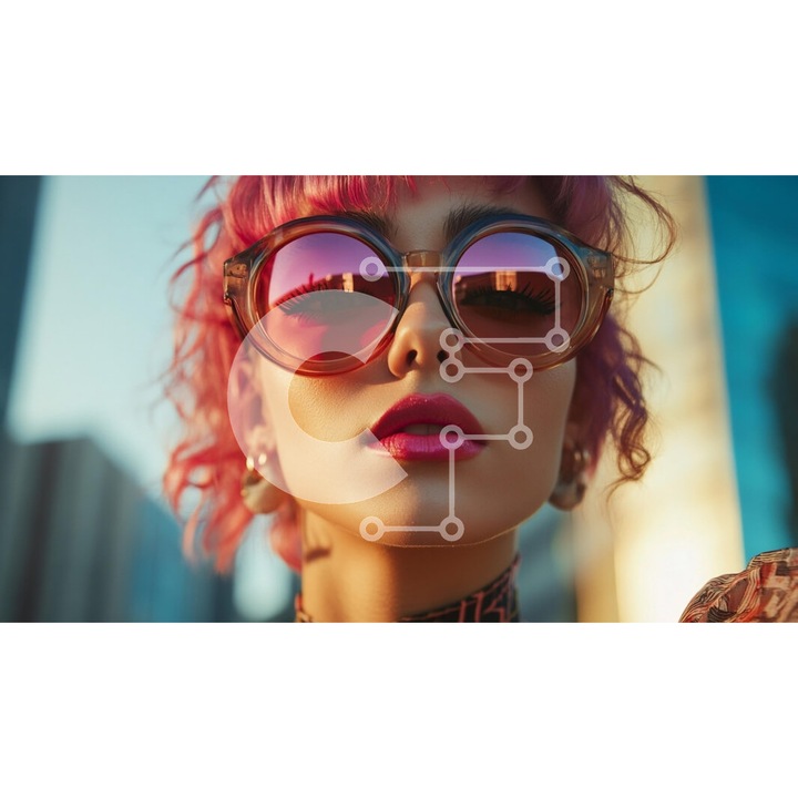 Puzzle din lemn Intrahome, model femeie cu par roz si ochelari de soare, 25 piese, 10x10 cm, cutie din lemn wenge.