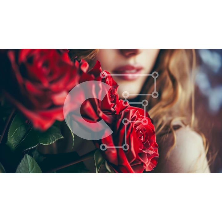 Puzzle din lemn Intrahome, femeie cu par lung si flori rosii, 10x10 cm, 25 piese, cutie din lemn wenge