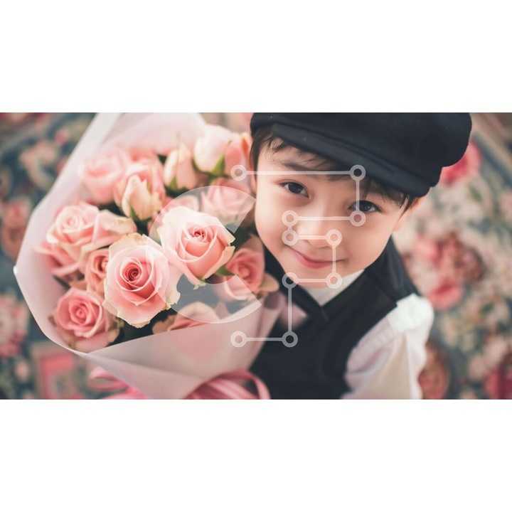 Puzzle din lemn Intrahome - baiat tanar cu buchet de flori roz, 10x10 cm, 25 piese, cutie din lemn wenge