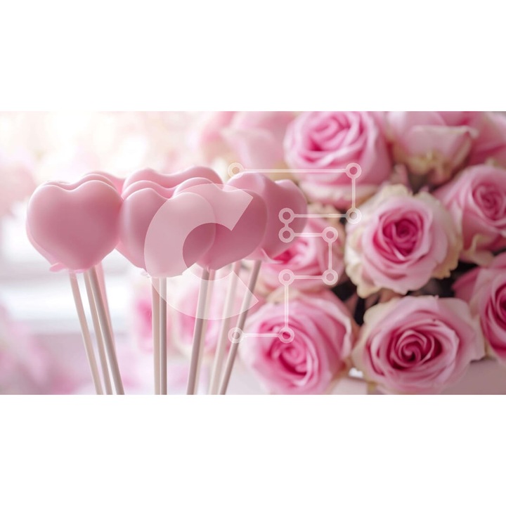 Puzzle din lemn Intrahome, model romantic cu trandafiri roz si inimioare, 10x10 cm, 25 piese, set in cutie de lemn wenge