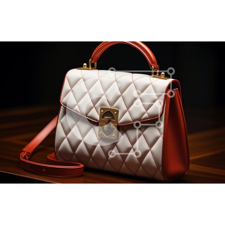 Puzzle din lemn Intrahome, 10x10 cm, 25 piese, imagine cu geanta capitonata alba si rosie pe masa, cutie din lemn wenge