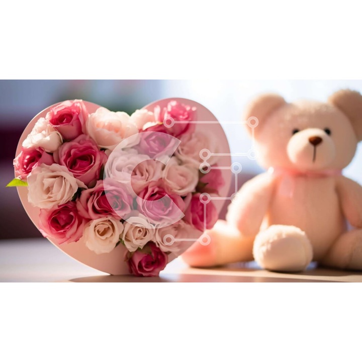 Puzzle din lemn Intrahome, 10x10 cm, 25 piese, design cu ursulet si trandafiri, cutie din lemn wenge