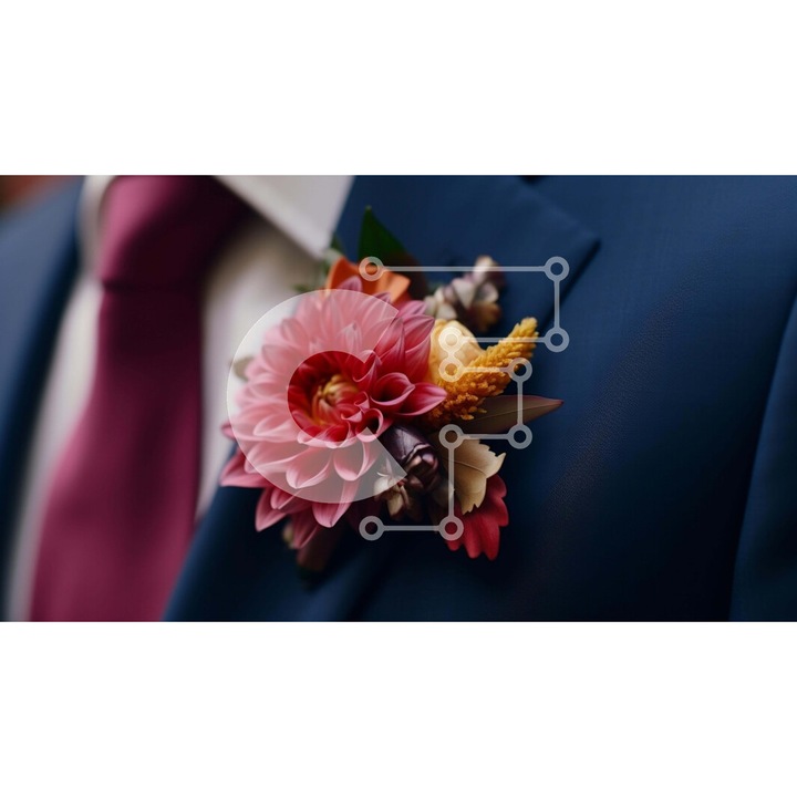 Puzzle din lemn Intrahome, 10x10 cm, 25 piese, imagine barbat in costum albastru cu buchet de flori, cutie din lemn wenge