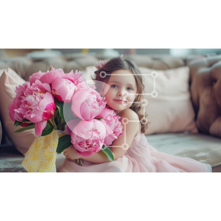 Puzzle din lemn Intrahome - Fata cu flori roz, 25 piese, 10x10 cm, cutie din lemn wenge