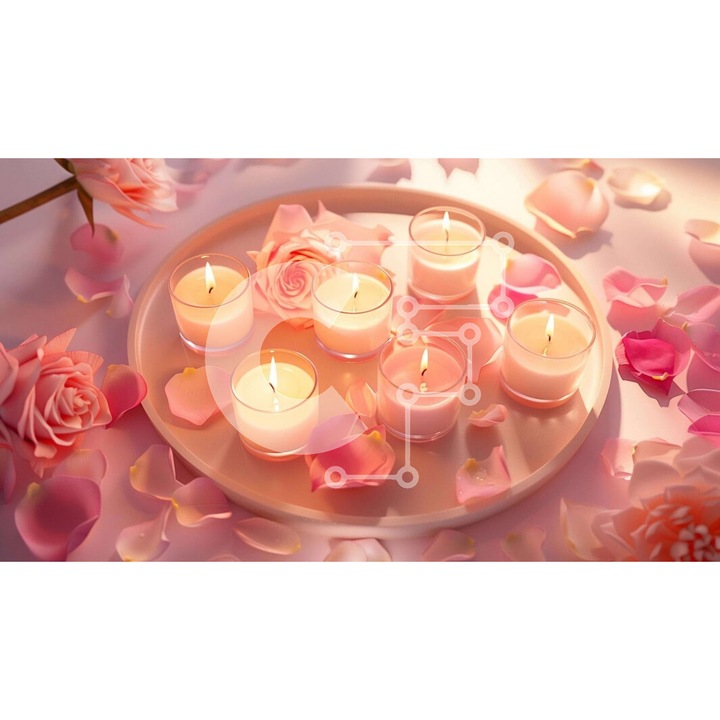 Puzzle din lemn Intrahome, platou alb cu lumanari si petale roz, 10x10 cm, 25 piese, cutie din lemn wenge.