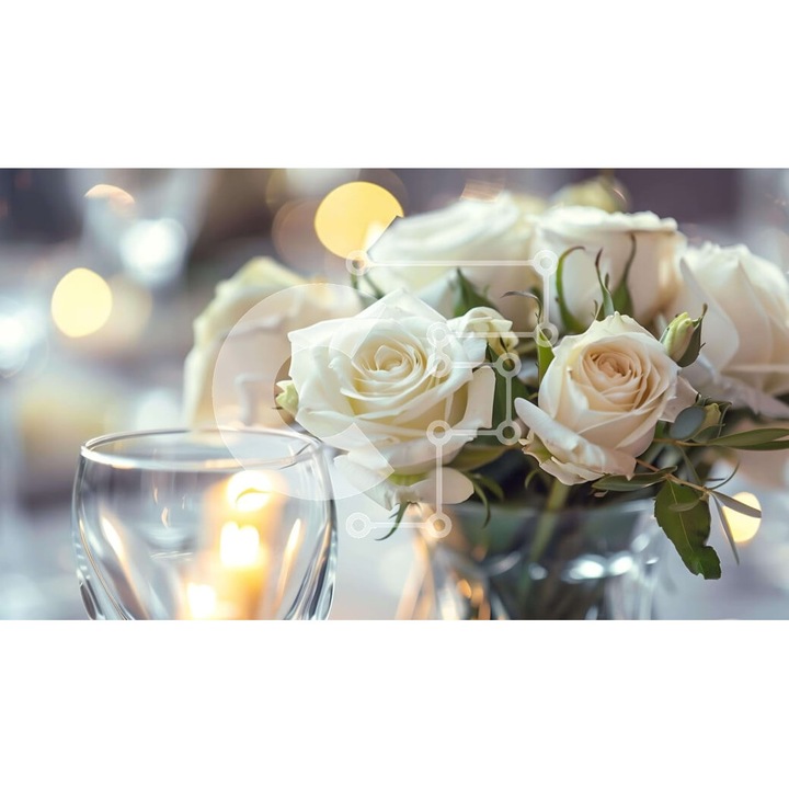 Puzzle din lemn Intrahome, 10x10 cm, 25 piese, baza din sticla cu flori albe, lumanari si pahare de vin, cutie din lemn wenge