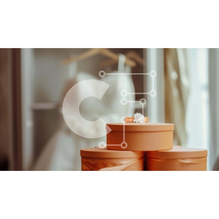 Puzzle din lemn Intrahome, 10x10 cm, 25 piese, design cu cutii portocalii si diamant, livrat in cutie de lemn wenge