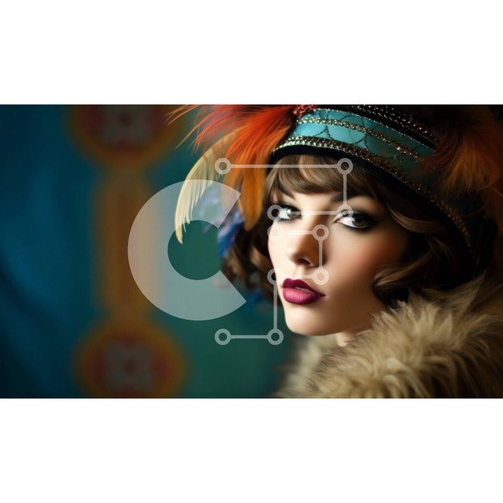 Puzzle din lemn Intrahome - femeie moderna cu rochie multicolora si buze rosii, 10x10 cm, 25 piese, set in cutie de lemn wenge