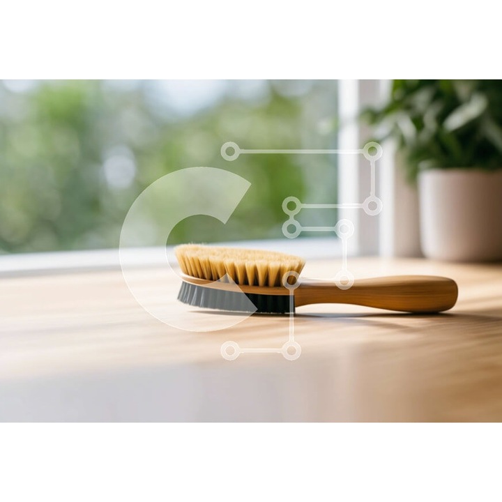 Puzzle din lemn Intrahome, 10x10 cm, 25 piese, imagine cu o burta de lemn pe masa langa o fereastra deschisa, cutie din lemn wenge.