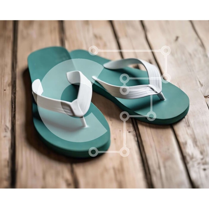 Puzzle din lemn Intrahome, 25 piese, 10x10 cm, sandale verzi si albe pe masa din lemn, cutie din lemn wenge