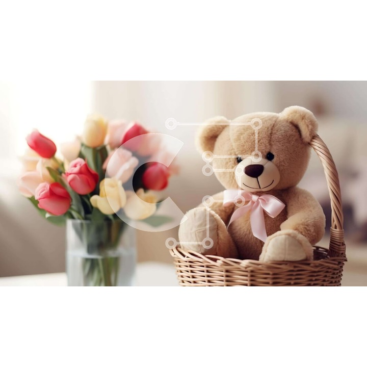 Puzzle din lemn Intrahome - Teddy Bear cu flori in cos, 10x10 cm, 25 piese, cutie din lemn wenge