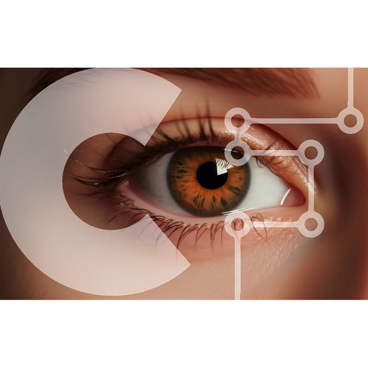 Puzzle din lemn Intrahome - Contur de ochi de femeie cu un unghiu portocalie, 10x10 cm, 25 piese, cutie din lemn wenge