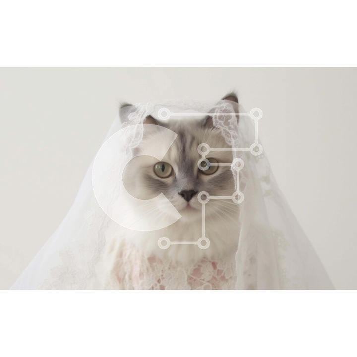 Puzzle din lemn Intrahome, pisica cu voal alb, 25 piese, 10x10 cm, set in cutie de lemn wenge