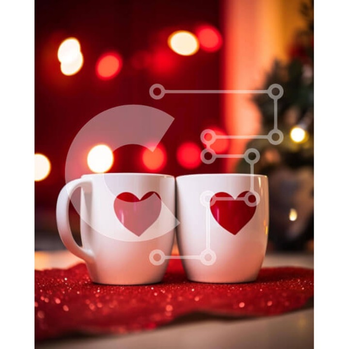 Puzzle din lemn Intrahome, 25 piese, 10x10 cm, cu cani albe si inimi rosii pe masa rosie, in cutie de lemn