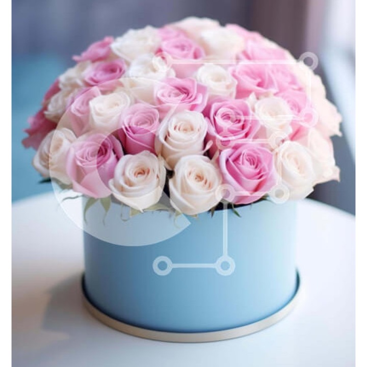 Puzzle din lemn Intrahome, 10x10 cm, 25 piese, cutie cu design mblu si buchete de trandafiri albi si roz, set.