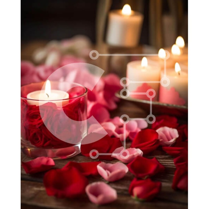 Puzzle din lemn Intrahome, set 25 piese, 10x10 cm, masa romantica cu lumanari si petale rosii, cutie din lemn wenge