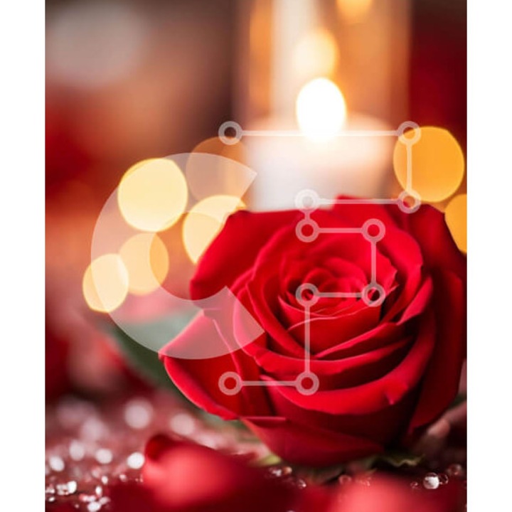 Puzzle din lemn Intrahome - Triunghi rosu pe masa cu lumanari si efect bokeh, 10x10 cm, 25 piese, set in cutie de lemn wenge