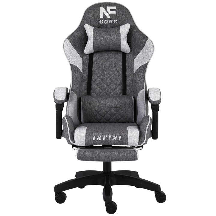 Геймърски стол INFINI Core, светлосив, с поставка за крака, 122x65x48см