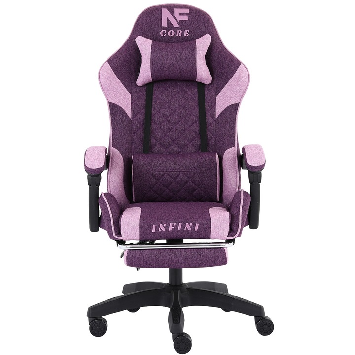 Геймърски стол INFINI Core, два нюанса на лилаво, с опора за гърба и регулируеми възглавници, комплект с табуретка
