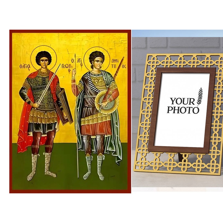 Icoana ortodoxa, Intrahome, Sf. Gheorghe si Sf. Dimitrie, lemn, 10x7 cm