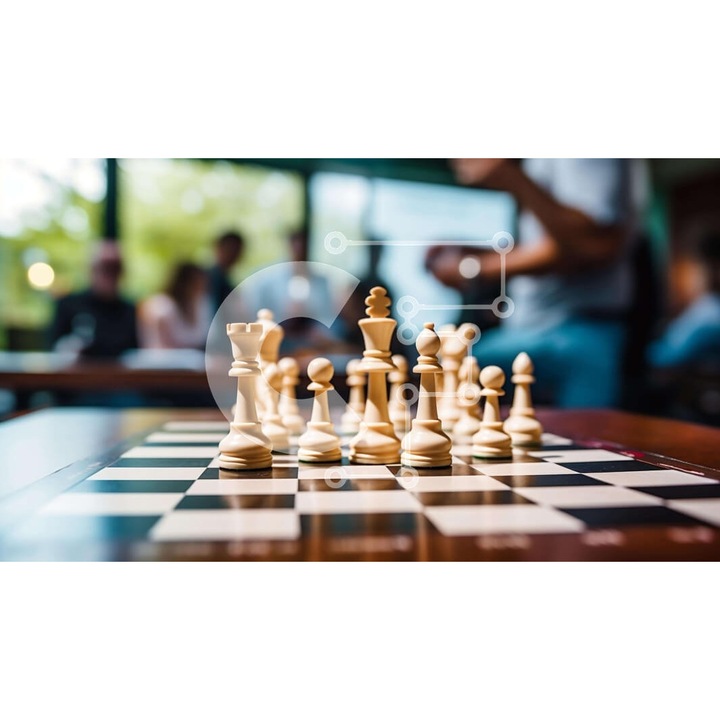 Puzzle din lemn Intrahome, oameni jucand sah, 25 piese, 10x10 cm, cutie din lemn wenge