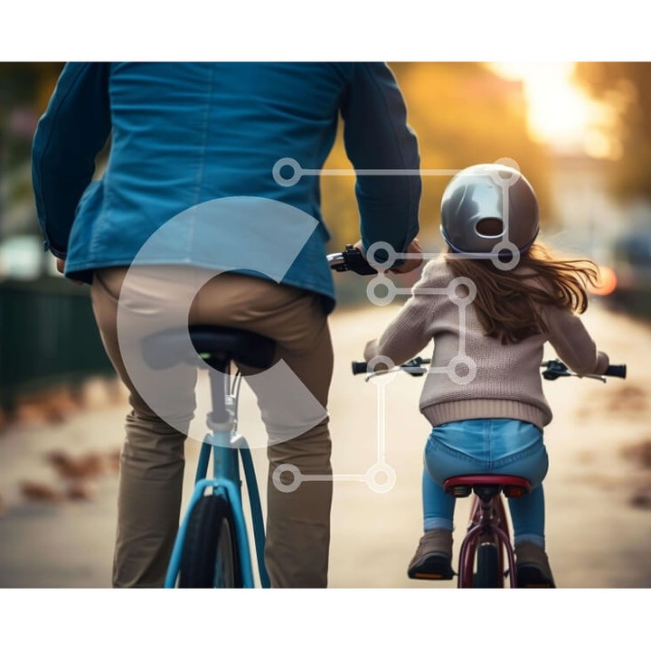 Puzzle din lemn Intrahome, 10x10 cm, 25 piese, imagine tata si fiica pe biciclete, cutie din lemn wenge