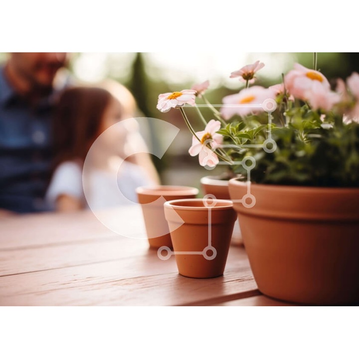 Puzzle din lemn Intrahome, scena de gradina cu masa din lemn, flori in ghivece, 10x10 cm, 25 piese, set in cutie de lemn wenge