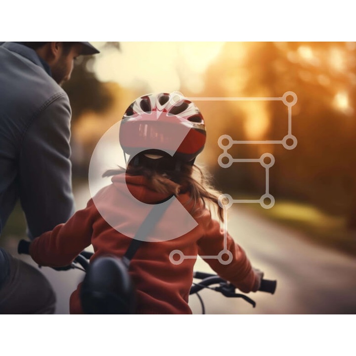 Puzzle din lemn Intrahome, 10x10cm, 25 piese, imagine cu fetita si tata pe bicicleta, cutie din lemn wenge