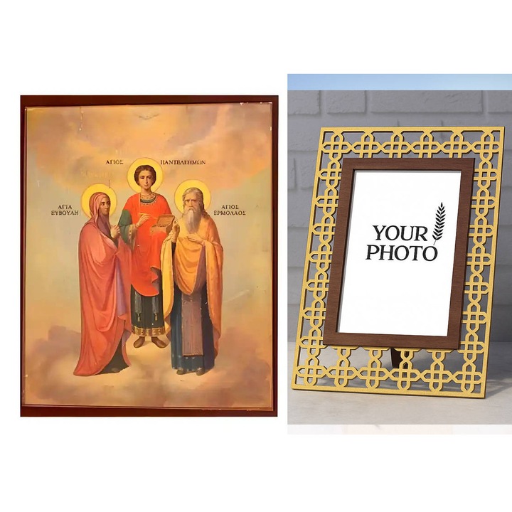 Icoana ortodoxa, Intrahome, Sf. Panteleimon, Euboule si Ermolaos, 10x7 cm, lemn de calitate superioara