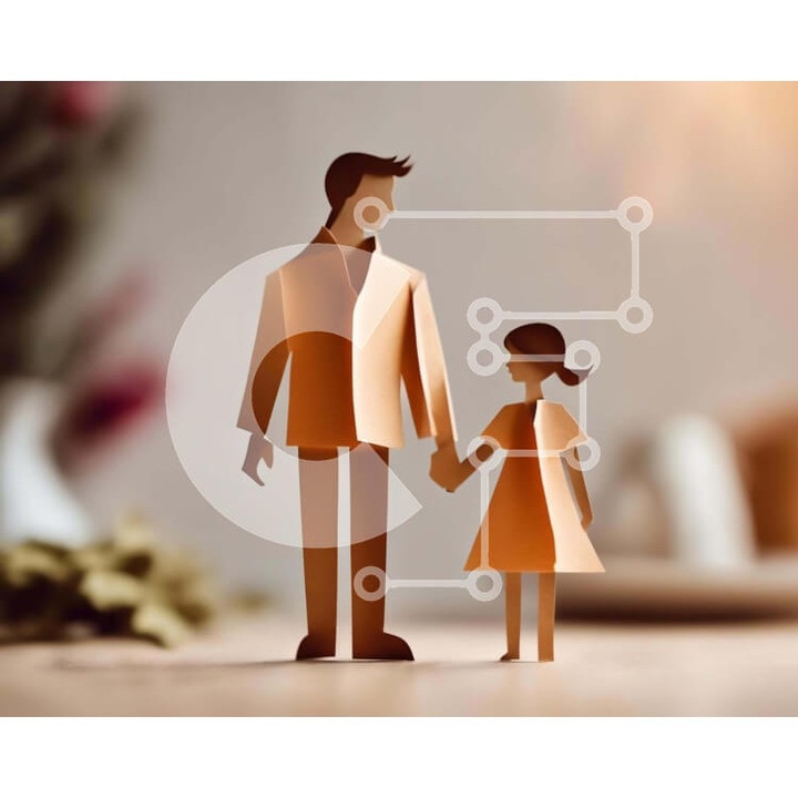 Puzzle din lemn Intrahome, 10x10 cm, 25 piese, imagine cu cuplu la masa portocalie, cutie din lemn wenge