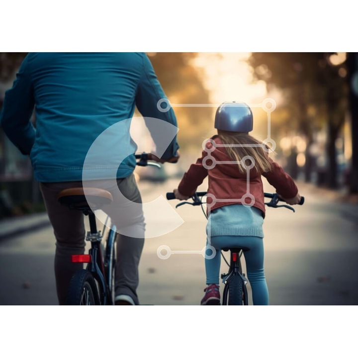 Puzzle din lemn Intrahome, 25 piese, 10x10 cm, imagine tata si fiica cu biciclete, cutie din lemn wenge