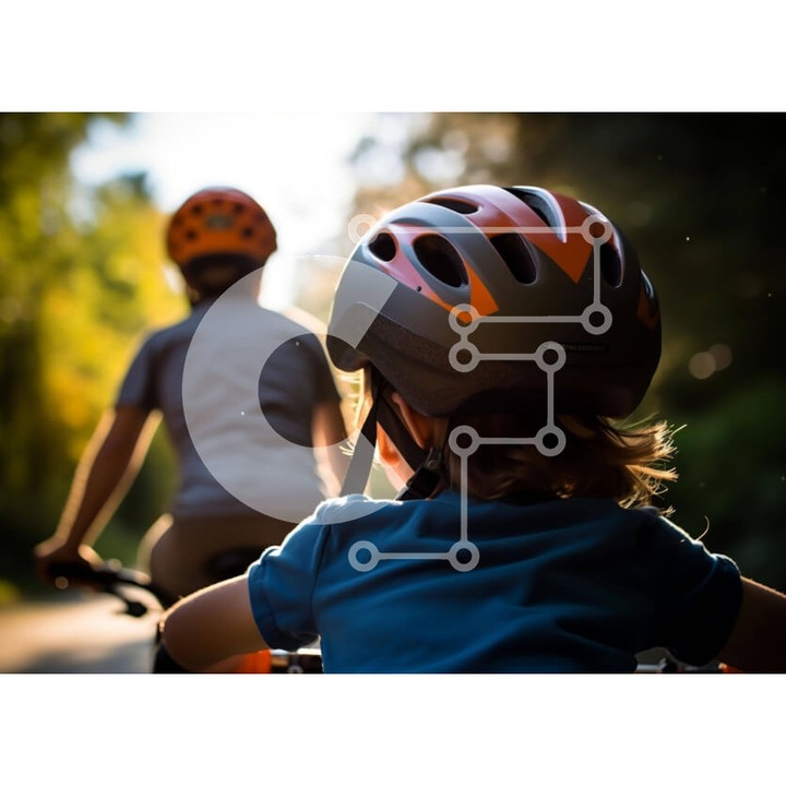 Puzzle din lemn Intrahome - Doi copii cu biciclete si macara, 10x10 cm, 25 piese, cutie din lemn wenge