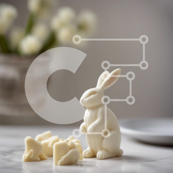 Puzzle din lemn Intrahome, 10x10cm, 25 piese, imagine iepure alb cu ciocolata pe masa, cutie din lemn wenge